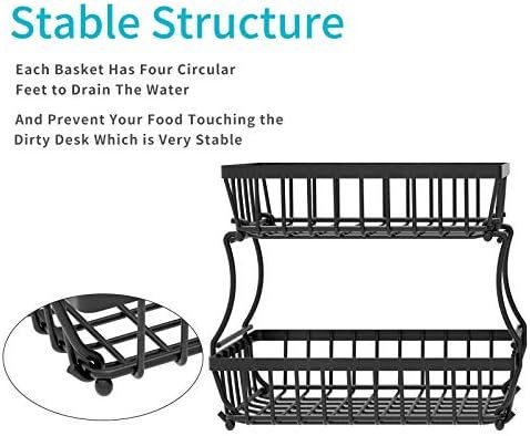 Apsan 2 Tier Countertop Fruit Basket Bowl for Kitchen,Bread Vegetable Fruit Basket Bowl Stand Detachable Metal Rectangular Wire Basket, Black Medium - Image 5