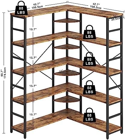 IRONCK Industrial Bookcases and Bookshelves, 5-Tiers Corner Bookcase with Curved Panels, L Shaped Shelf with Metal Frame for Open Storage for Living Room Home Office - Image 4