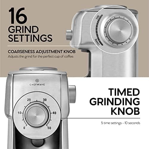 ChefWave Conical Burr Coffee Grinder - 16 Grind Settings Electric Coffee Bean Grinder - Die Cast Aluminum Housing - Scoop, Cleaning Brush - Coarse for French Press, Fine for Espresso - 2 to 10 Cups - Image 3