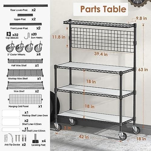 Leteuke Kitchen Bakers Rack, NSF Certified 4-Tier Microwave Stand with Wheels 20 S-Hooks, Adjustable Heavy Duty Storage Rack Commercial Grade Metal Utility Storage Shelf 42× 18× 63 Inches, Black - Image 3