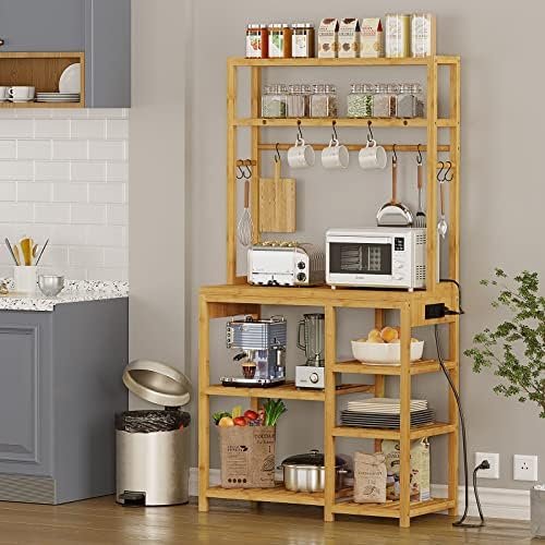 FORABAMB Bakers Rack with Power Outlets, 6-Tier Microwave Stand, Kitchen Utility Storage Shelf 10 S-Shaped Hooks, Coffee Bar Table Station, Standing Rack, 31.5 x 15.7 65 Inches, Bamboo - Image 3