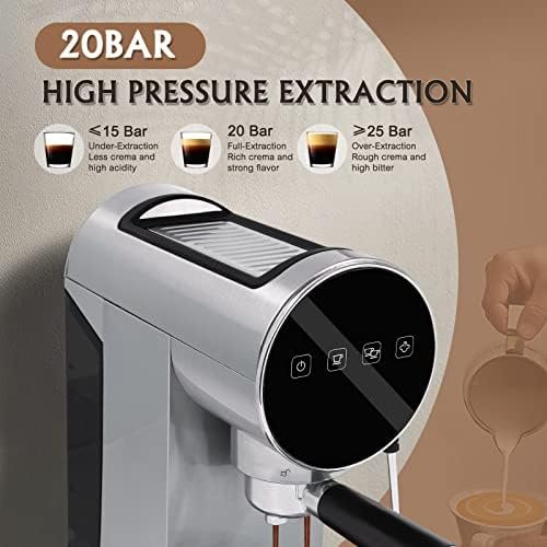 skyehomo Espresso Machine, 20 Bar Espresso Coffee Maker with Milk Frother Steamer, Espresso and Cappuccino latte Maker, Espresso Coffee Machine with Digital Touch Panel, 1250W, Stainless Steel - Image 3