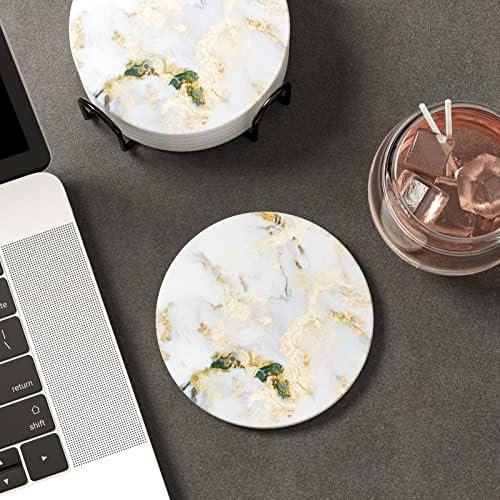 Nipichsha Coasters for Drinks, Set of 6 Marble Absorbent Ceramic Coasters with Holder and Cork Base, Cute Stone Drink Coasters for Cup Kitchen Home Decor Housewarming Gift, Round 4", White Gray Gold - Image 7