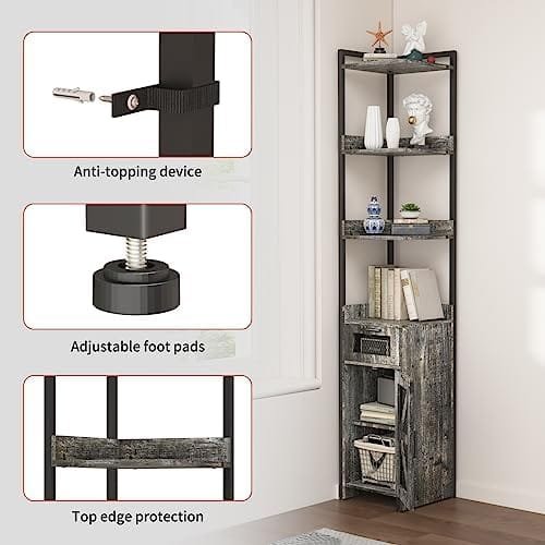 LDTTCUK Corner Cabinet, 7-Tier Corner Shelf with Drawer, 72" Tall Corner Bookshelf Corner Display Storage Cabinet for Living Room, Bedroom, Office, Small Space, Grey - Image 7