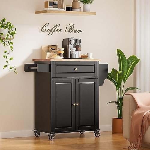 Gizoon Kitchen Island Cart on Wheels, 25.6" Wooden Top Rolling Kitchen Island with Drawer, Spice Rack Towel Bar, 2 Door Cabinets, Mobile Microwave Cart for Dining Room, Home Bar, Black - Image 8