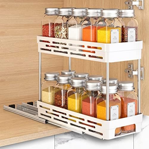 DABIGE Pull Out Spice Rack Organizer for Cabinet, Durable Slide Out Spice Racks Organizer, Easy to Install Spice Cabinet Organizers, 4.4''Wx10.5''Dx8''H, Each Tier Hold 10 Spice Jars - 2 Tier, White - Image 2
