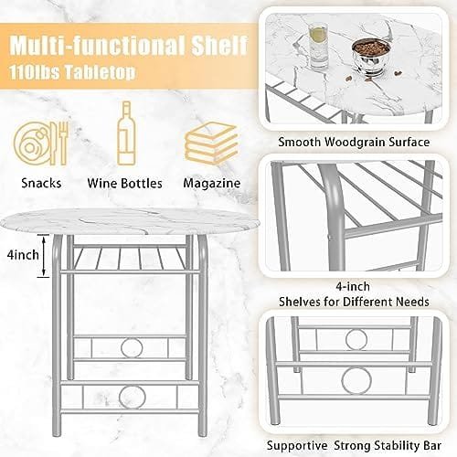 JUMMICO 3-Piece Wooden Round Table & Chair Set, Space Saving Kitchen Breakfast Nook Wood Grain Tabletop with Metal Frame and Built-in Wine Rack for Kitchen, Dining Room (White/Silver) - Image 4