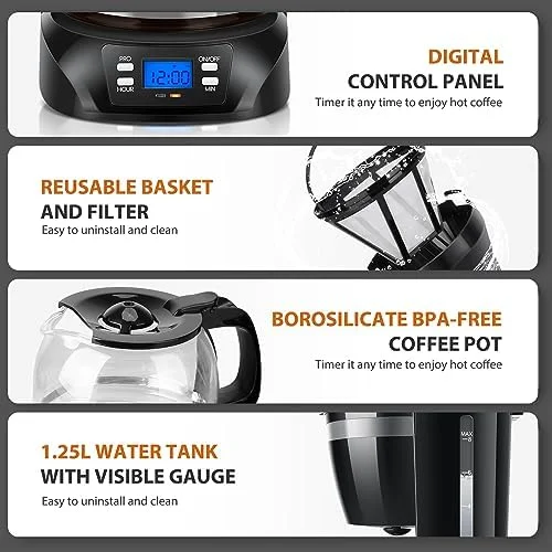 Aigostar Programmable Coffee Maker, 8 Cup Coffee Maker with Glass Carafe, Auto Pause Electric Coffee Maker, Auto Keep Warm Drip Coffee Maker with Permanent Filter, Black - Image 7