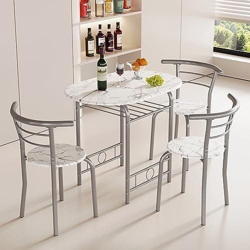JUMMICO 3-Piece Wooden Round Table & Chair Set, Space Saving Kitchen Breakfast Nook Wood Grain Tabletop with Metal Frame and Built-in Wine Rack for Kitchen, Dining Room (White/Silver) - Image 8