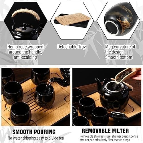 Hushee Japanese Tea Set in Gift Box Asian Tea Set Magic Teapot with 1 Teapot, 6 Tea Cups, 1 Tea Tray, 1 Stainless Infuser, Black Ceramic Chinese Porcelain Tea Set Gift for Tea Adult Lover Office Home - Image 7