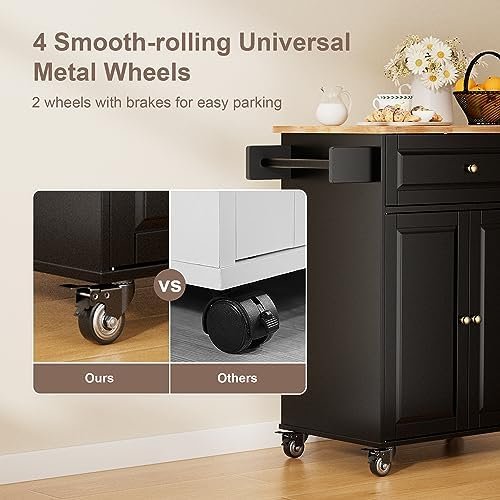 Gizoon Kitchen Island Cart on Wheels, 25.6" Wooden Top Rolling Kitchen Island with Drawer, Spice Rack Towel Bar, 2 Door Cabinets, Mobile Microwave Cart for Dining Room, Home Bar, Black - Image 4