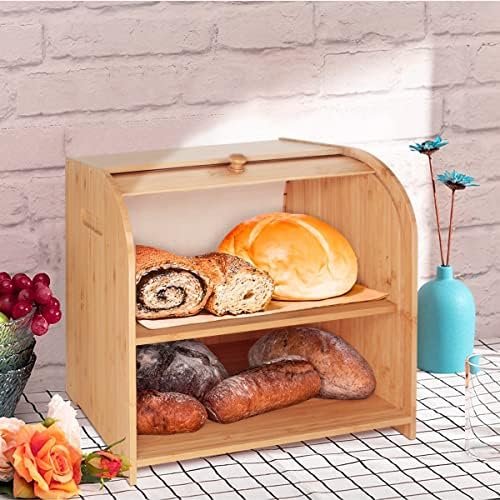 Purbambo Bamboo Bread Box for Kitchen Countertop, Double Layer Roll-top Bread Storage Boxes Food Keeper With Adjustable Middle Shelf - Image 3