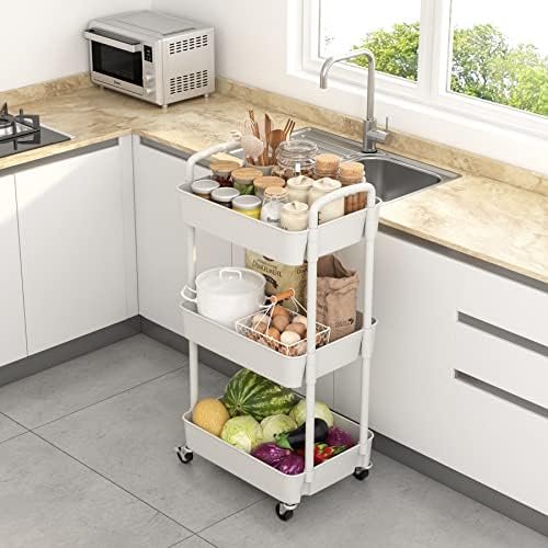 Sywhitta 3-Tier Plastic Rolling Utility Cart with Handle, Multi-Functional Storage Trolley for Office, Living Room, Kitchen, Movable Storage Organizer with Wheels, White - Image 5