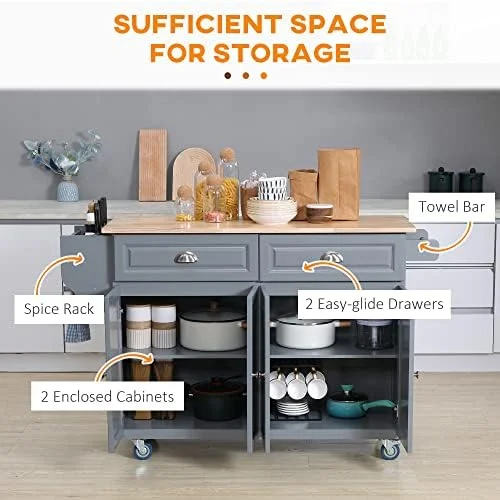 HOMCOM Rolling Kitchen Island on Wheels, Kitchen Cart with Solid Wood Drop Leaf Breakfast Bar, Storage Drawers, 4-Door Cabinets, Spice Rack, Dark Gray - Image 6