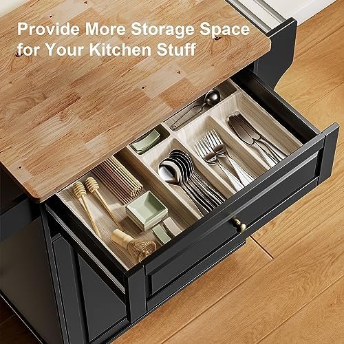 Gizoon Kitchen Island Cart on Wheels, 25.6" Wooden Top Rolling Kitchen Island with Drawer, Spice Rack Towel Bar, 2 Door Cabinets, Mobile Microwave Cart for Dining Room, Home Bar, Black - Image 6