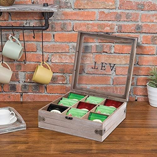 handrong Wooden Tea Box Organizer Wood Tea Storage Box Chest Rustic Tea Bag Holder Rack Storage Container Tea Caddy for Coffee Tea Sugar Sweeteners Creamers Drink Pods Packets (Gray) - Image 4