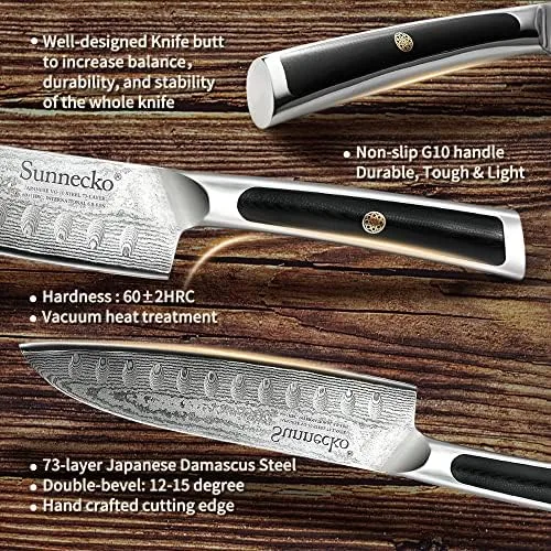 Sunnecko Santoku Knife 7 inch, Damascus Chef Knife VG-10 Steel Blade Japanese Style Knife, Sharp Kitchen Knife with G10 Inlaid Handle Cooking Knife Perfect for Professional Home Use Cutting Knife - Image 3