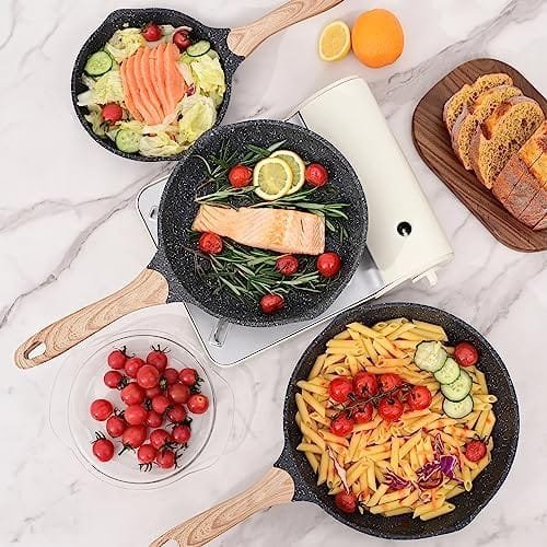 JEETEE Nonstick Pan, Nonstick Stone Frying Pan, Nonstick Omelette Skillet with Soft Touch Handle, 3-Piece Cookware Set Induction Compatible -8 Inch-9.5 Inch-11 Inch, Grey - Image 9