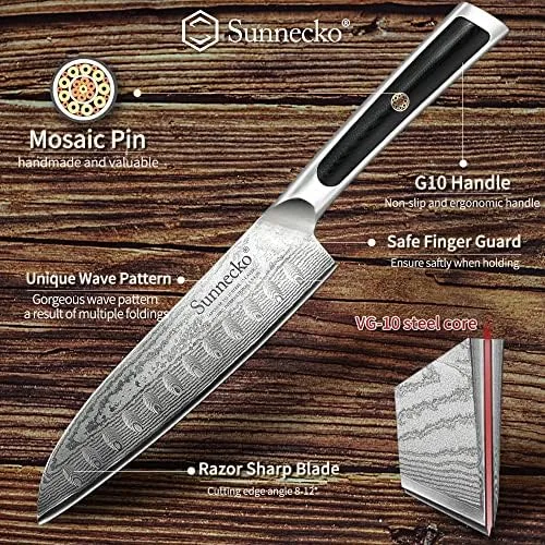 Sunnecko Santoku Knife 7 inch, Damascus Chef Knife VG-10 Steel Blade Japanese Style Knife, Sharp Kitchen Knife with G10 Inlaid Handle Cooking Knife Perfect for Professional Home Use Cutting Knife - Image 5