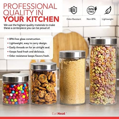 EatNeat 4 Piece Beautiful Glass Kitchen Canisters with Stainless Steel Lids - Premium Glass Food Storage Containers, Versatile Cereal, Flour, Coffee, Snacks Container Jars for Kitchen Organization - Image 9