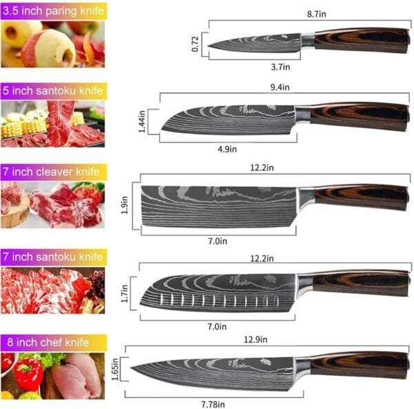 KEPEAK Kitchen Knife Set 5 piece, Chef Knife Santoku Cleaver Paring Knives High Carbon Steel, Pakkawood Handle for Vegetable Meat Fruit - Image 7