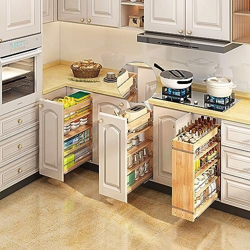 DINDON Pull Out Spice Rack Organizer for Cabinet, (5"W x 21.9"D x 25.2"H) Multi-Use Soild Wood Pull Out Cabinet Organizer Slide Out Shelf Sliding Base Cabinet Storage for Kitchen, Pantry Organization - Image 4