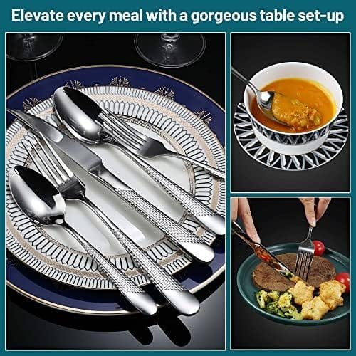 Meythway 30-Piece Modern Hammered Silverware Set For 8, Stainless Steel Flatware Utensil Set with Ultra Sharp 2-IN-1 Serrated Knife, Cutlery Set Servie for 6, Mirror Polished, and Dishwasher Safe - Image 6