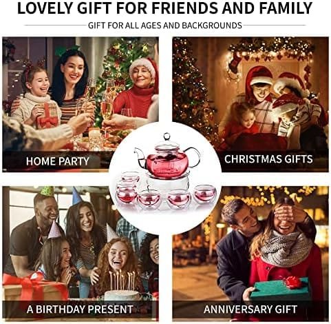 Glass Teapot Set, 27OZ/800ML Stovetop Safe Glass Tea Kettle with 6 Small Double Wall Tea Cups & Loose Tea Infuser & Tea Warmer, Microwave & Dishwasher Safe Tea Maker, Blooming Tea Gift Set For Women - Image 9