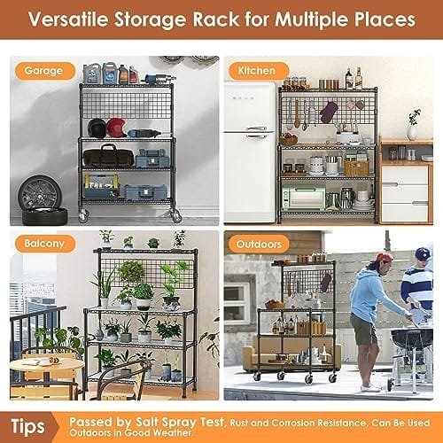 Leteuke Kitchen Bakers Rack, NSF Certified 4-Tier Microwave Stand with Wheels 20 S-Hooks, Adjustable Heavy Duty Storage Rack Commercial Grade Metal Utility Storage Shelf 42× 18× 63 Inches, Black - Image 9