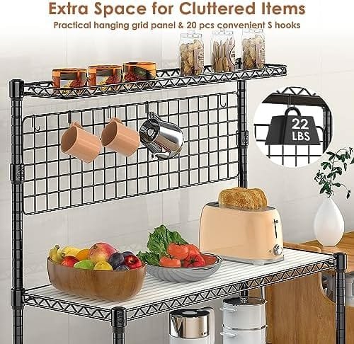 Leteuke Kitchen Bakers Rack, NSF Certified 4-Tier Microwave Stand with Wheels 20 S-Hooks, Adjustable Heavy Duty Storage Rack Commercial Grade Metal Utility Storage Shelf 42× 18× 63 Inches, Black - Image 6