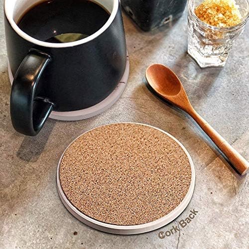 Coasters for Drinks, Absorbent Ceramic Stone Coasters Set with Metal Holder Stand, Cork Base, Marble Surface Pattern, Cups Place Mats for Home Decor, Set of 6 - White - Image 4