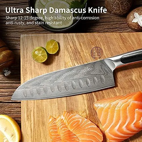 Sunnecko Santoku Knife 7 inch, Damascus Chef Knife VG-10 Steel Blade Japanese Style Knife, Sharp Kitchen Knife with G10 Inlaid Handle Cooking Knife Perfect for Professional Home Use Cutting Knife - Image 4
