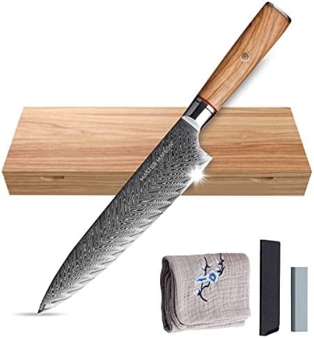 Master Maison Authentic 8" Chef Knife Damascus Steel With Full-Tang Wood Handle, Sheath, Sharpening Stone, Storage Box, & Drying Cloth | AUS-10 Japanese Ultra Sharp Stainless Steel Chef's Knife Set - Image 2
