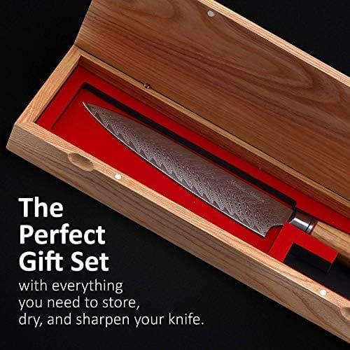 Master Maison Authentic 8" Chef Knife Damascus Steel With Full-Tang Wood Handle, Sheath, Sharpening Stone, Storage Box, & Drying Cloth | AUS-10 Japanese Ultra Sharp Stainless Steel Chef's Knife Set - Image 3