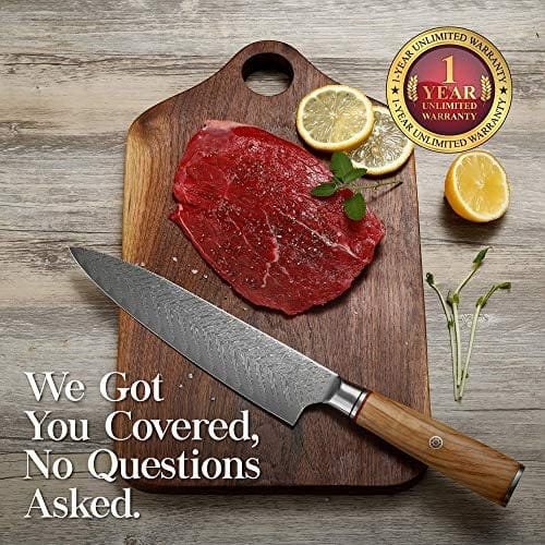 Master Maison Authentic 8" Chef Knife Damascus Steel With Full-Tang Wood Handle, Sheath, Sharpening Stone, Storage Box, & Drying Cloth | AUS-10 Japanese Ultra Sharp Stainless Steel Chef's Knife Set - Image 8