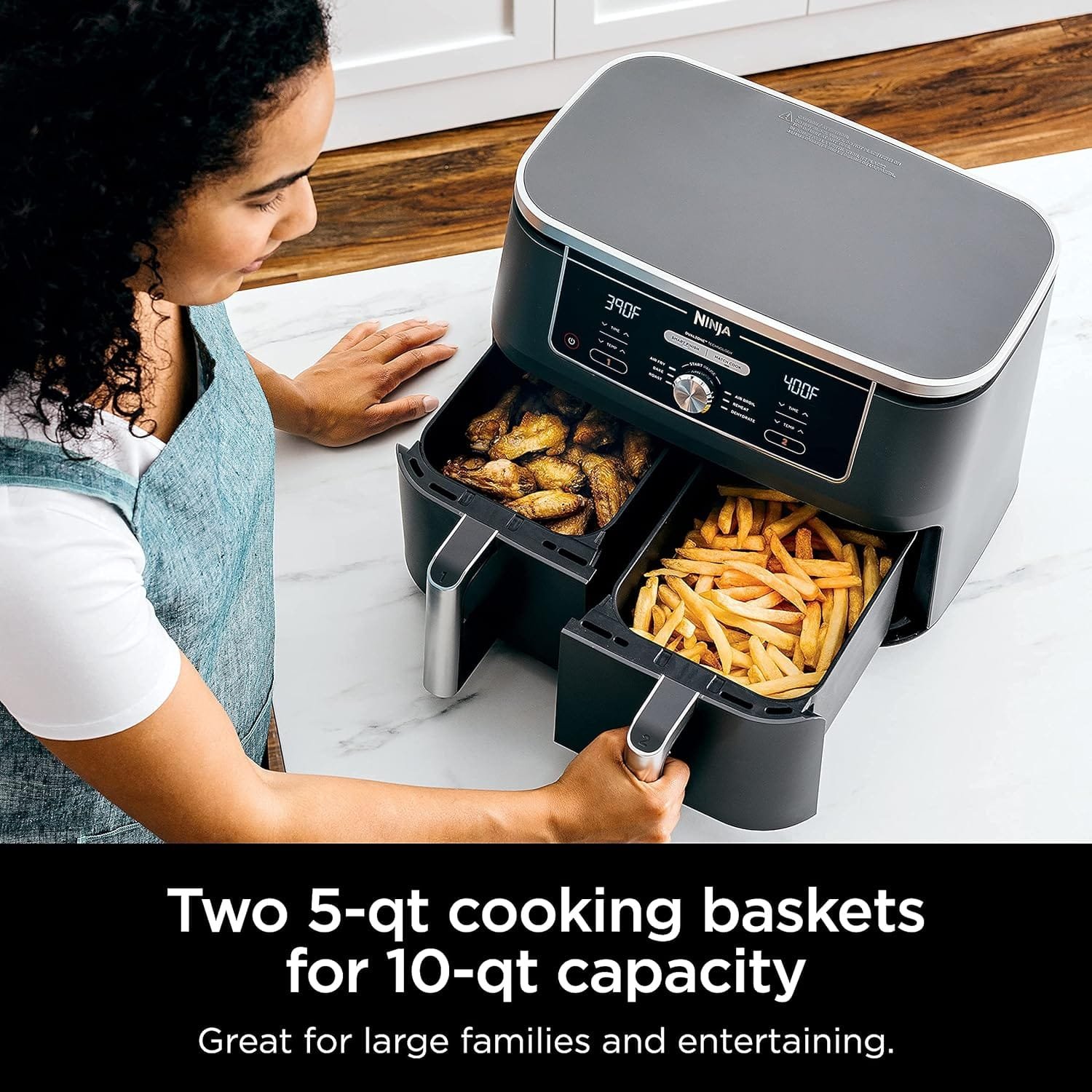 Ninja DZ401 Foodi 10 Quart 6-in-1 DualZone XL 2-Basket Air Fryer with 2 Independent Frying Baskets, Match Cook & Smart Finish to Roast, Broil, Dehydrate & More for Quick, Grey (Renewed) - Image 7