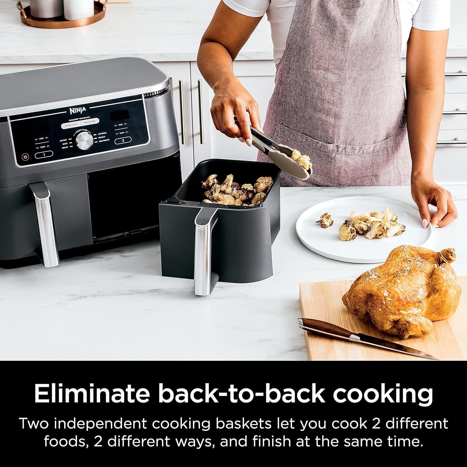 Ninja DZ401 Foodi 10 Quart 6-in-1 DualZone XL 2-Basket Air Fryer with 2 Independent Frying Baskets, Match Cook & Smart Finish to Roast, Broil, Dehydrate & More for Quick, Grey (Renewed) - Image 6