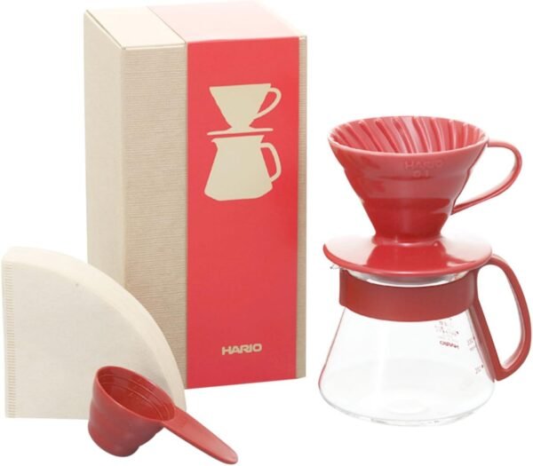 Hario V60 Pour Over Set with Ceramic Dripper, Glass Server, Scoop and Filters, Size 01, Red - Image 2