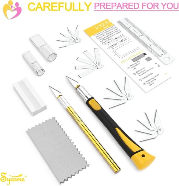 Precision Knife, Craft Hobby Utility Carving Knife Set for Art, Hobby, Scrapbook and Sculpture Etc.,Contains 2 Knives, 20 Blades, EVA Storage Box, Ruler, Whetstone, Cleaning Cloth - Image 4