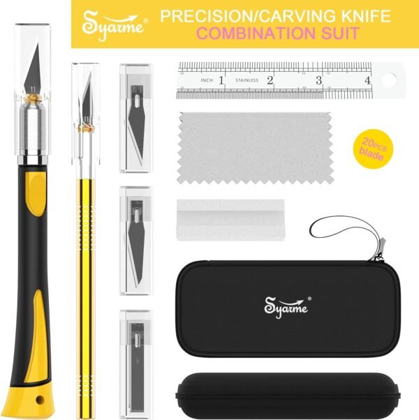 Precision Knife, Craft Hobby Utility Carving Knife Set for Art, Hobby, Scrapbook and Sculpture Etc.,Contains 2 Knives, 20 Blades, EVA Storage Box, Ruler, Whetstone, Cleaning Cloth - Image 3