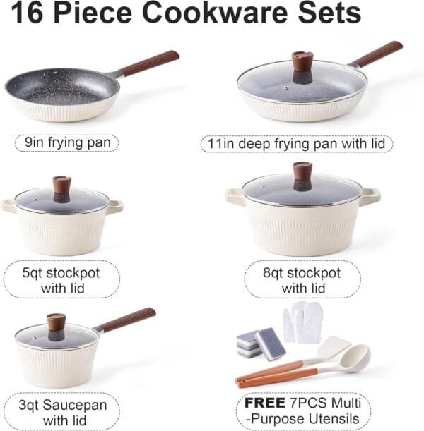 Pots And Pans Set Nonstick - YIIFEEO 16 PCS Kitchen Cookware Sets w/Non Stick Frying Pans, Stock Pot, Sauce Pan, Cooking Utensils, Induction Cookware Healthy Granite Pan Sets for Cooking Pot Set Gift - Image 3