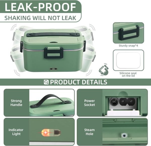 75W Electric Lunch Box Food Heater, 1.8L Large Capacity Heated Lunch Boxes for Adults/Work/Car/Office, 3 in 1 12V/24V/110V Food Warmer Lunch Box with Fork/Spoon and Insulated Carry Bag (Dark Green) - Image 4