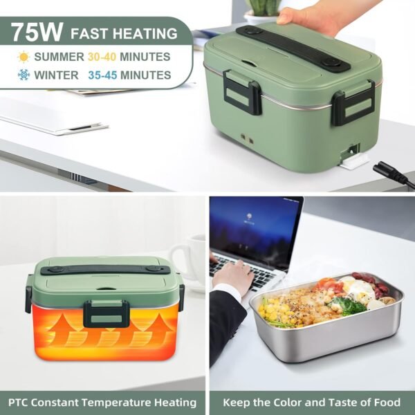 75W Electric Lunch Box Food Heater, 1.8L Large Capacity Heated Lunch Boxes for Adults/Work/Car/Office, 3 in 1 12V/24V/110V Food Warmer Lunch Box with Fork/Spoon and Insulated Carry Bag (Dark Green) - Image 8