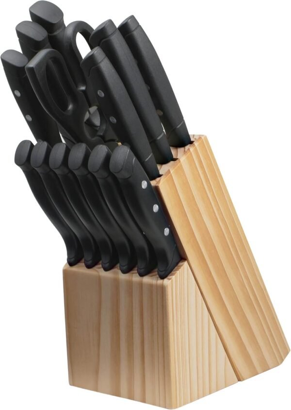 Farberware 22-Piece Triple Rivet Rust-Resistant Wave Edge High-Carbon Stainless Steel Knife Block Set, Beechwood/Black - Image 4