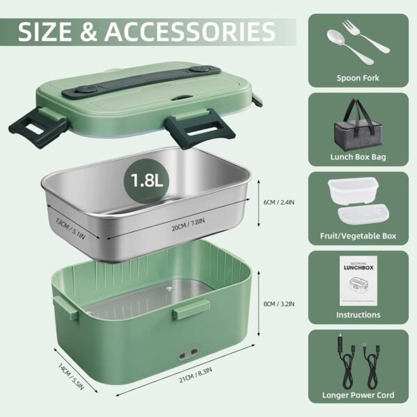 75W Electric Lunch Box Food Heater, 1.8L Large Capacity Heated Lunch Boxes for Adults/Work/Car/Office, 3 in 1 12V/24V/110V Food Warmer Lunch Box with Fork/Spoon and Insulated Carry Bag (Dark Green) - Image 7