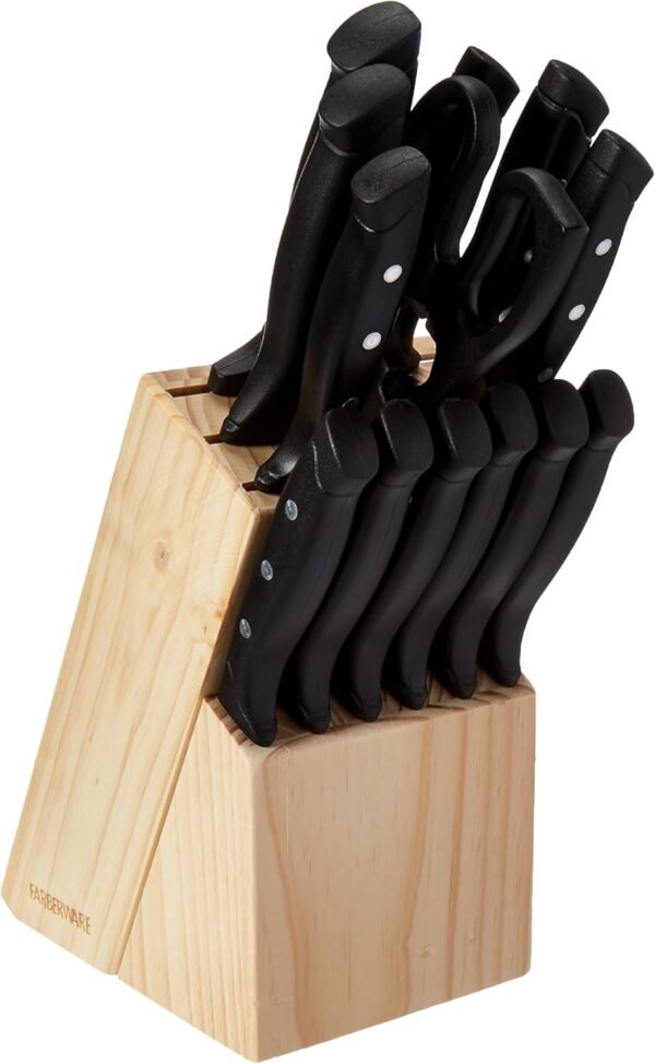 Farberware 22-Piece Triple Rivet Rust-Resistant Wave Edge High-Carbon Stainless Steel Knife Block Set, Beechwood/Black - Image 2