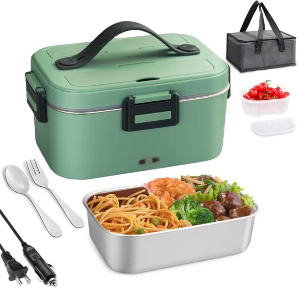 75W Electric Lunch Box Food Heater, 1.8L Large Capacity Heated Lunch Boxes for Adults/Work/Car/Office, 3 in 1 12V/24V/110V Food Warmer Lunch Box with Fork/Spoon and Insulated Carry Bag (Dark Green) - Image 2