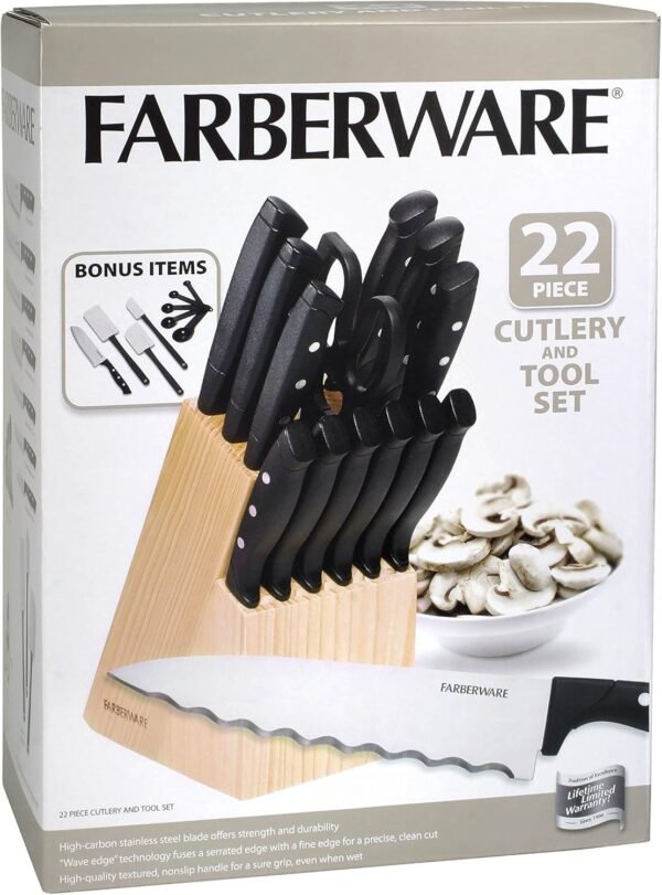 Farberware 22-Piece Triple Rivet Rust-Resistant Wave Edge High-Carbon Stainless Steel Knife Block Set, Beechwood/Black - Image 7