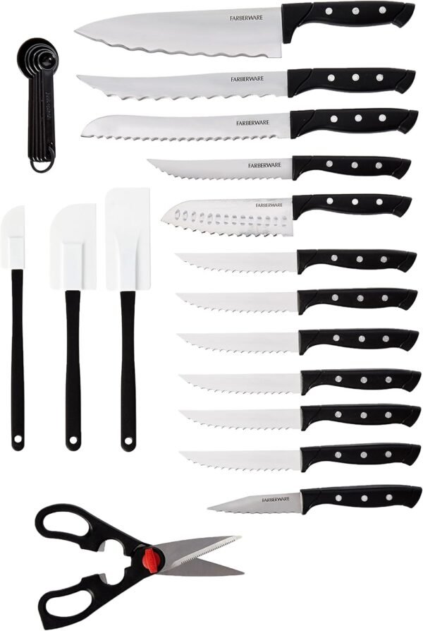 Farberware 22-Piece Triple Rivet Rust-Resistant Wave Edge High-Carbon Stainless Steel Knife Block Set, Beechwood/Black - Image 3