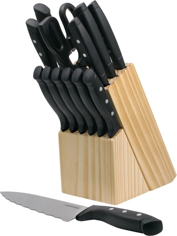 Farberware 22-Piece Triple Rivet Rust-Resistant Wave Edge High-Carbon Stainless Steel Knife Block Set, Beechwood/Black - Image 5